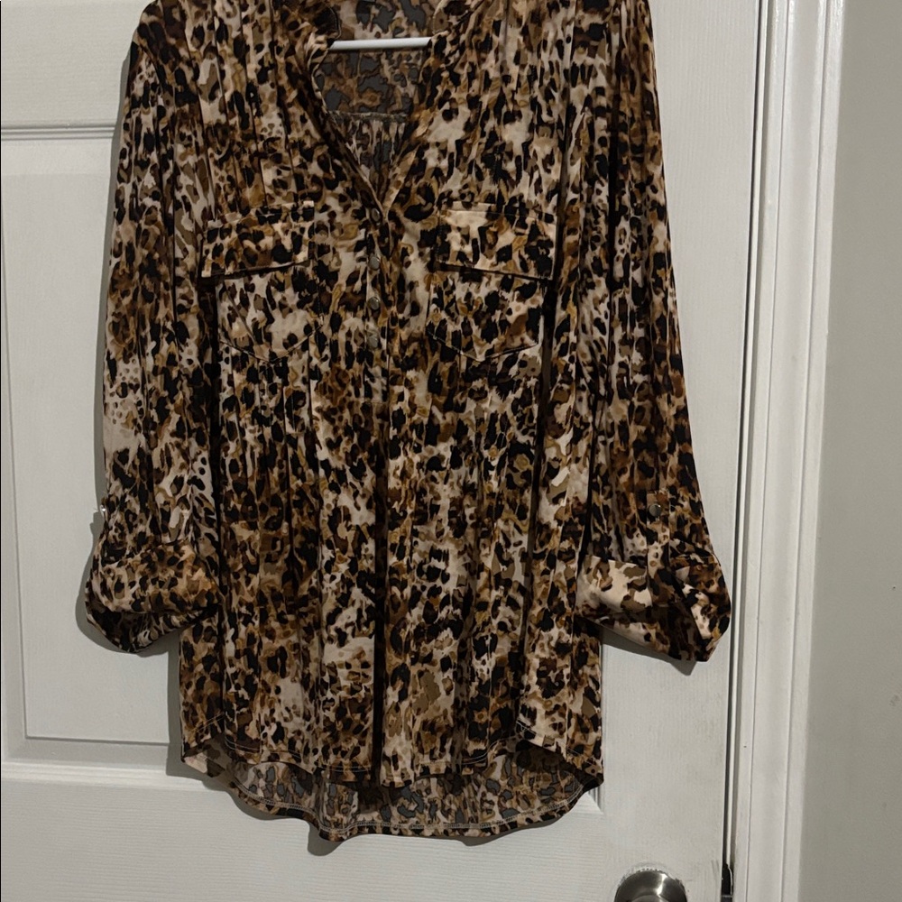Leopard Print V-Neck Button-Front Blouse in Brown